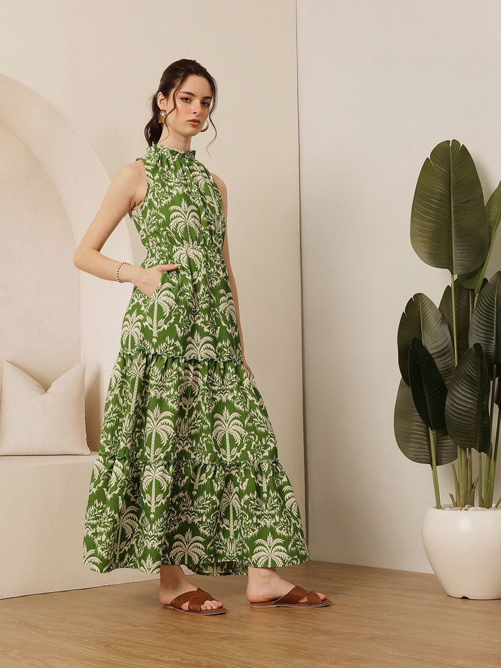 STREET 9 Women Tropical Printed Sleeveless Cotton Fit and Flare Maxi Dress