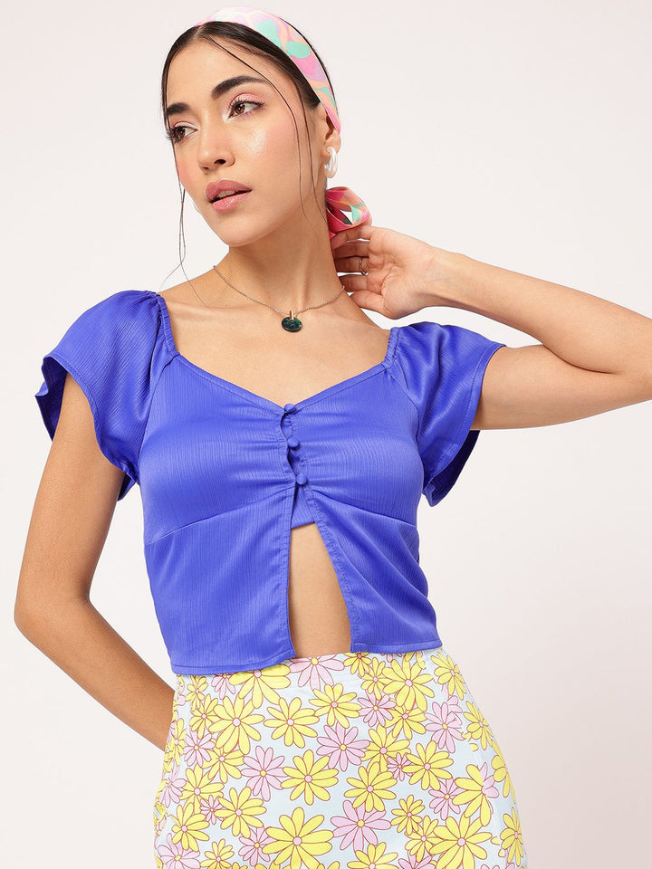 DressBerry Glossy Vibes Smocked Front-Slit Crop Top