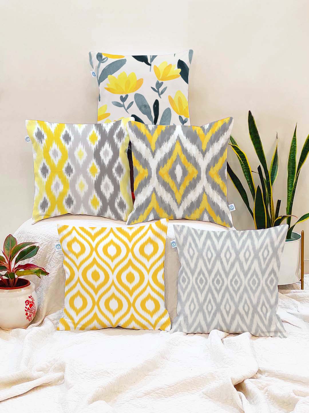 STITCHNEST Yellow & Grey Set of 5 Abstract Square Cushion Covers