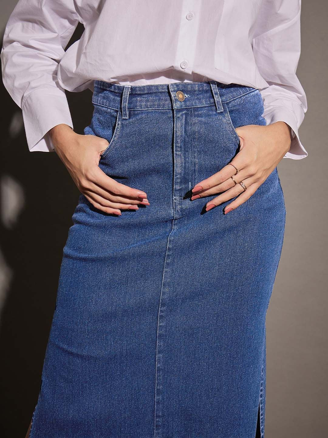 SASSAFRAS Blue Side Slit A-Line Midi Skirt