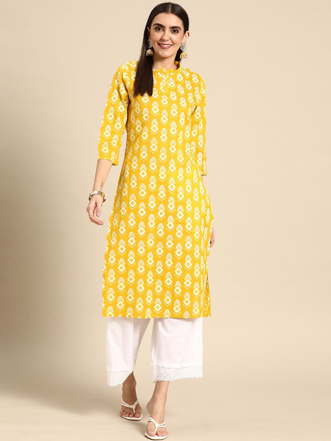 Anouk Women Mustard Yellow & Off White Pure Cotton Ethnic Motifs Printed Kurta