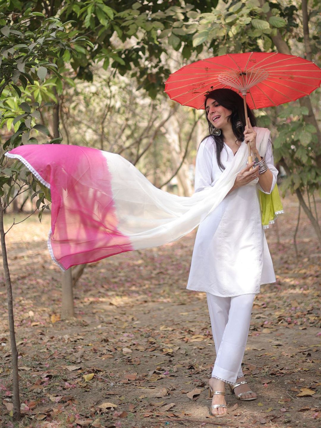 Kalini Women Rayon Embroidery A Line Kurta & Trousers With Tie & Dye Dupatta Set