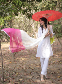 Kalini Women Rayon Embroidery A Line Kurta & Trousers With Tie & Dye Dupatta Set