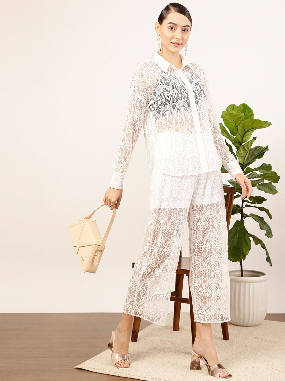 STREET 9 Women Self Design Relaxed Straight Fit High-Rise Lace Trousers