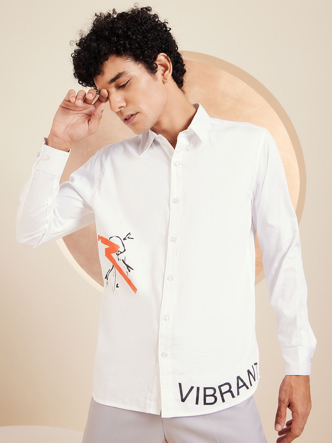 DENNISON Smart Typography Printed Spread Collar Long Sleeve Cotton Shirt