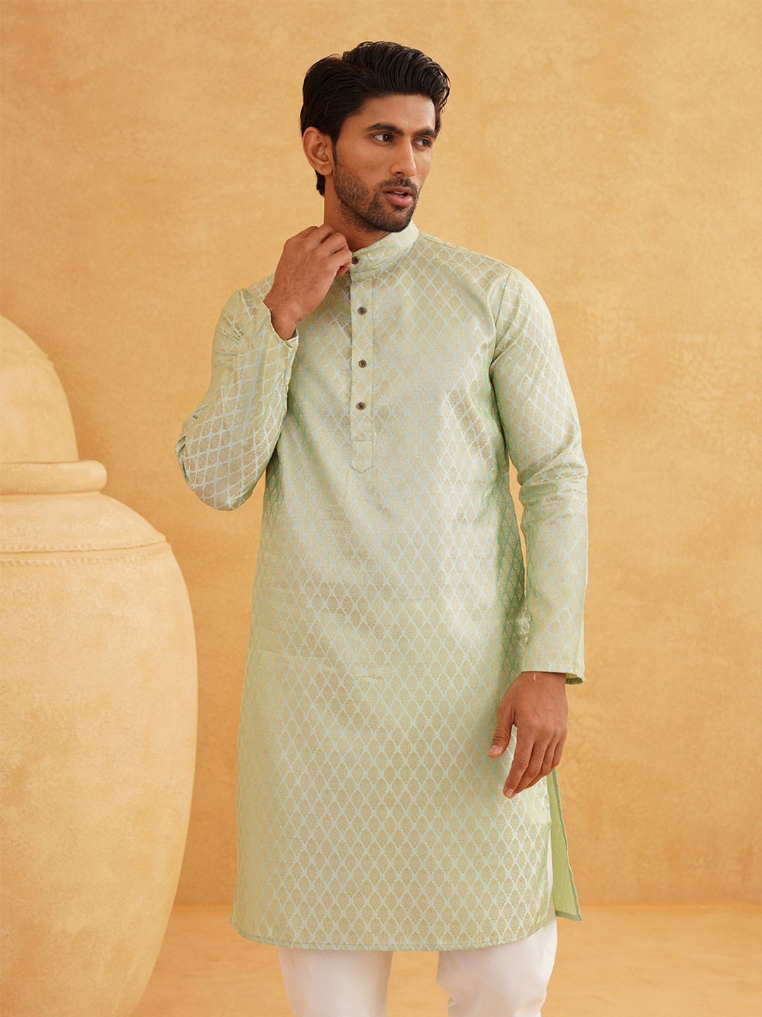SOJANYA Floral Woven Design Mandarin Collar Kurta with Churidar