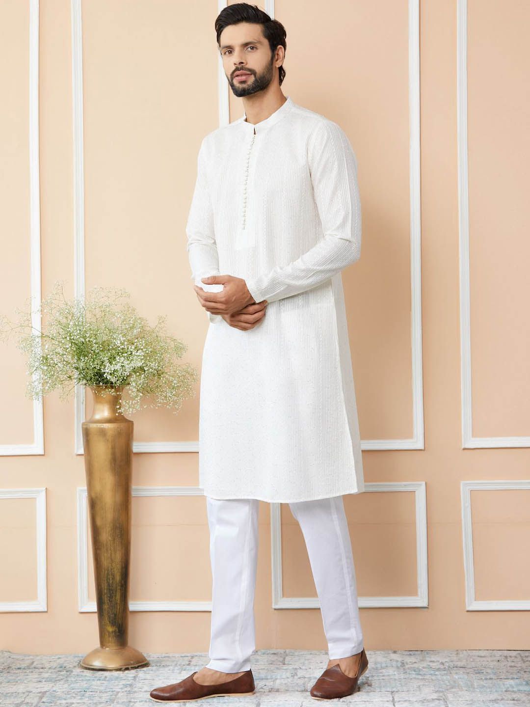 See Designs Striped Mandarin Collar Thread Work Chanderi Silk Straight Kurta With Trousers