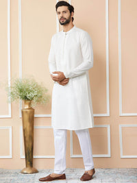 See Designs Striped Mandarin Collar Thread Work Chanderi Silk Straight Kurta With Trousers
