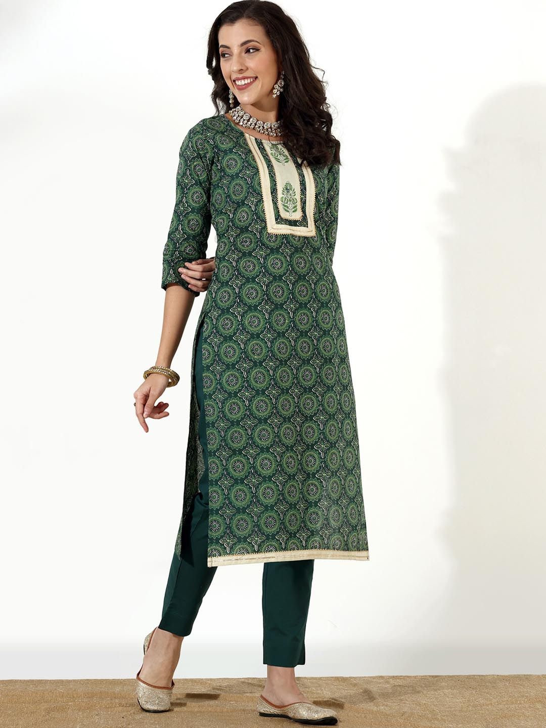Anouk Teal & Beige Ethnic Motifs Printed Regular Pure Cotton Kurta & Trousers With Dupatta