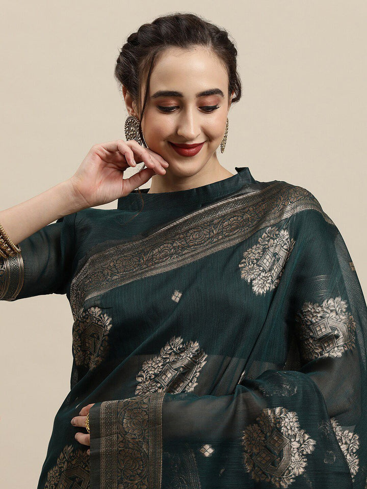 Saree mall Teal & Gold-Toned Ethnic Motifs Zari Silk Blend Banarasi Sarees