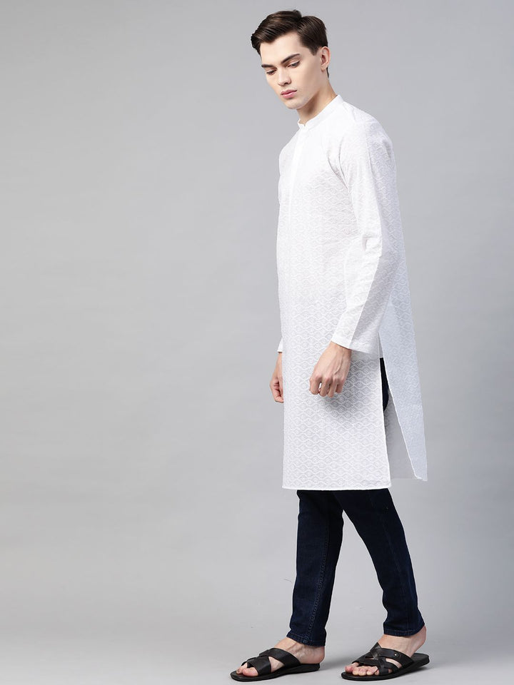 See Designs Men White Ethnic Motifs Chikankari Embroidered Straight Kurta