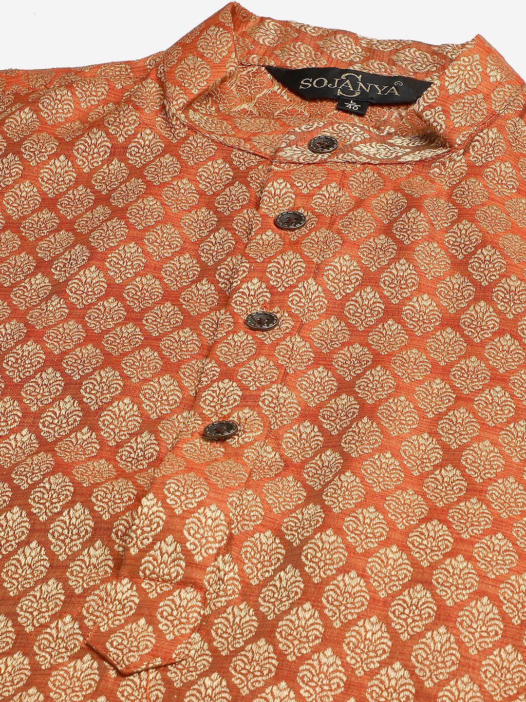 SOJANYA Men Rust Orange & Off-White Jacquard Kurta with Churidar & Nehru Jacket