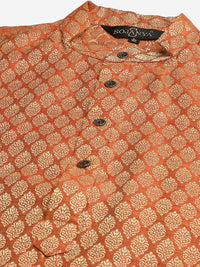 SOJANYA Men Rust Orange & Off-White Jacquard Kurta with Churidar & Nehru Jacket