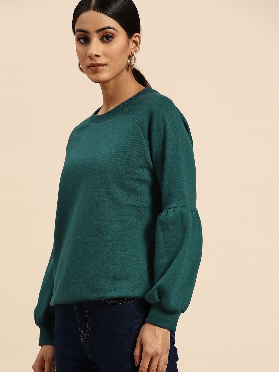 all about you Women Teal Green Solid Sweatshirt