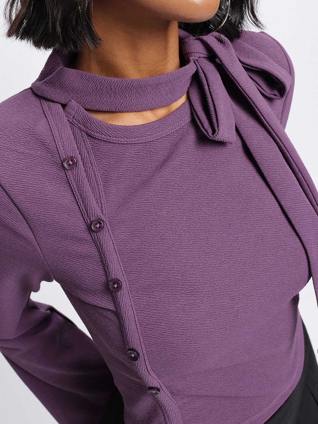 DressBerry Adorable Allure Textured Bow Tie Button Detail Top