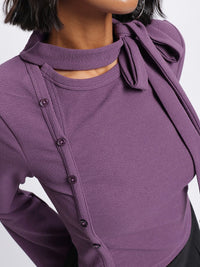 DressBerry Adorable Allure Textured Bow Tie Button Detail Top