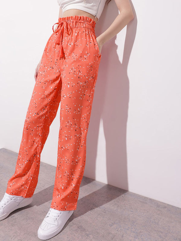 DressBerry Women Paperbag Waist Printed Trousers with Belt