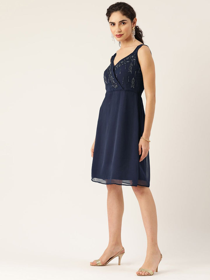 Antheaa Navy Blue Georgette Embellished Wrap Dress