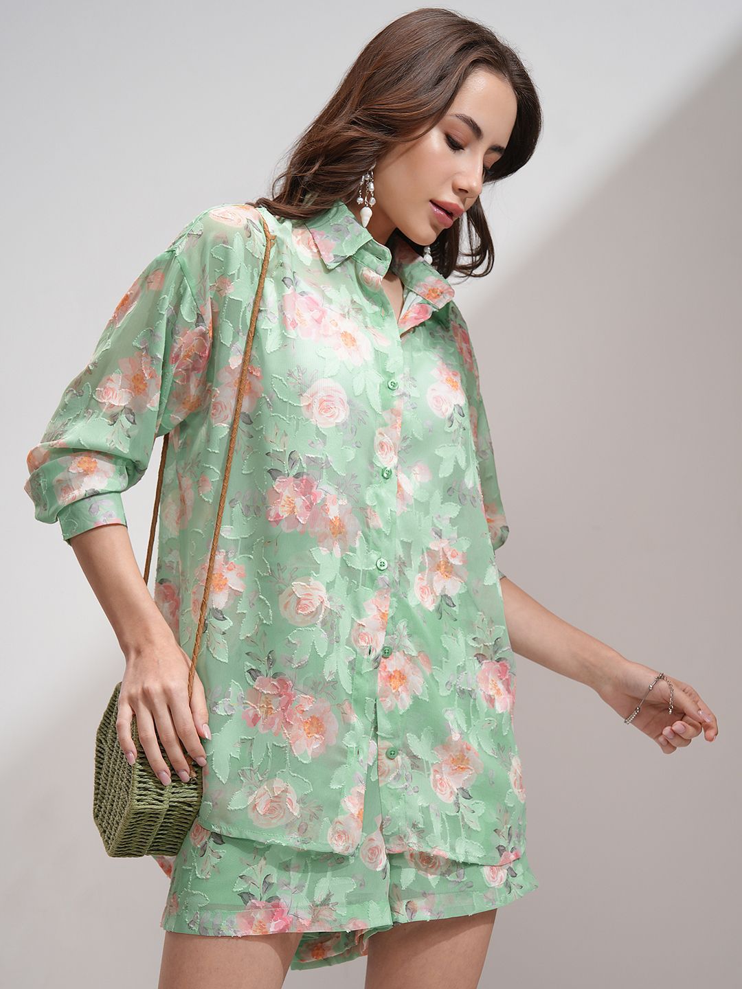 Tokyo Talkies Women Textured re Jacquard Shirt Shorts Co-Ord Set