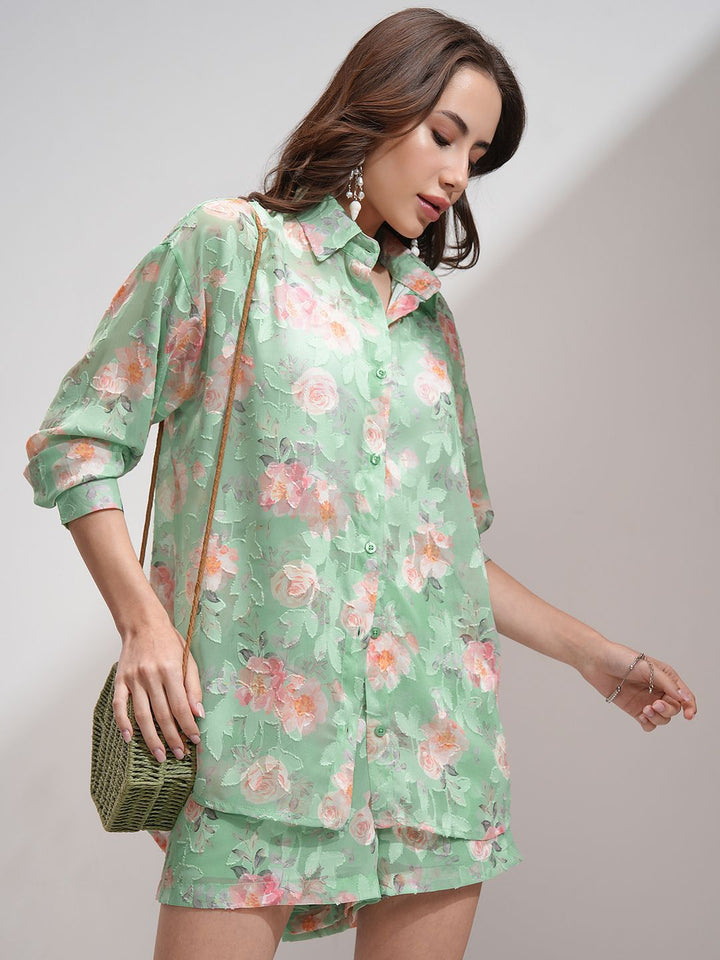 Tokyo Talkies Women Textured re Jacquard Shirt Shorts Co-Ord Set