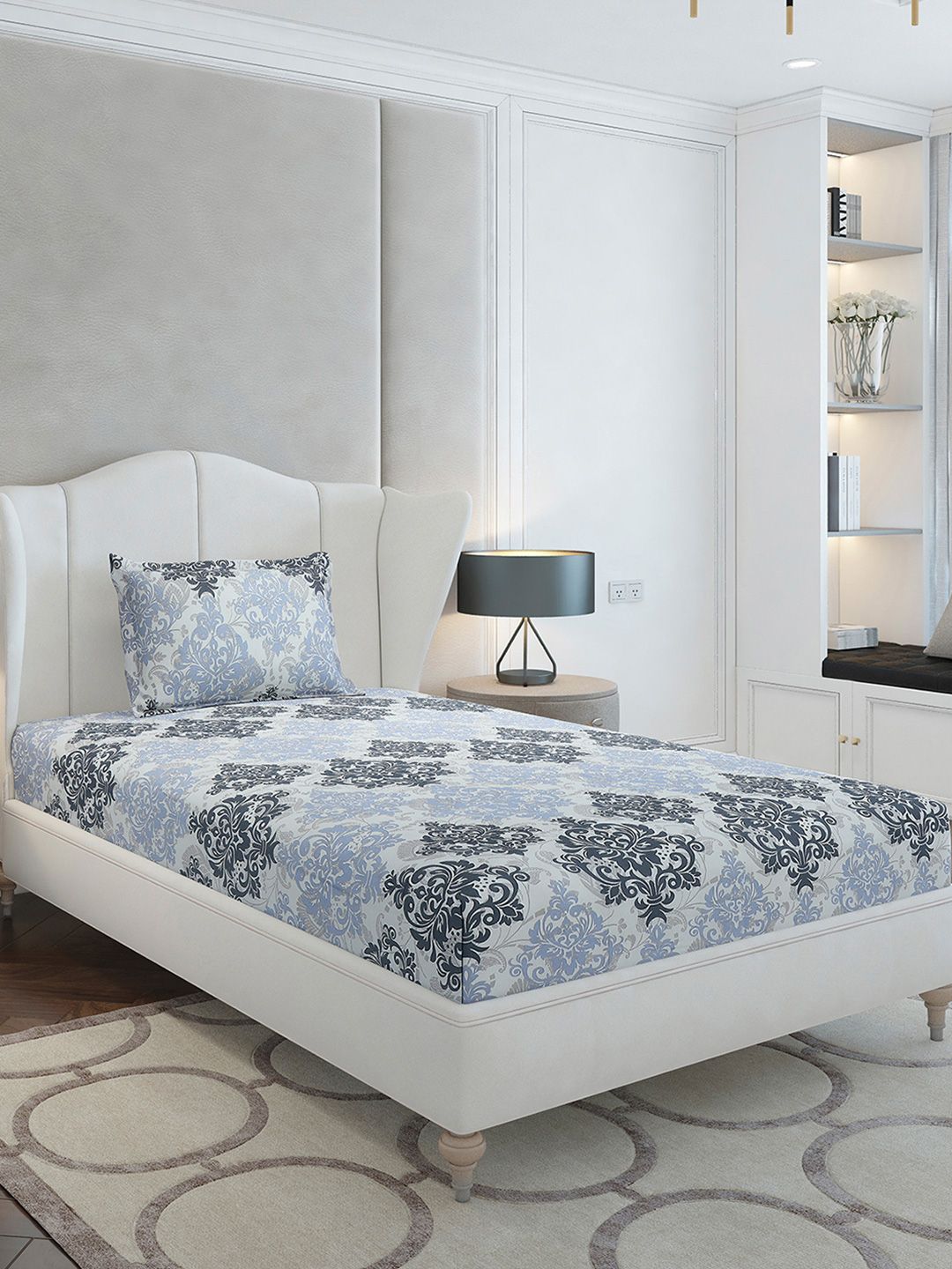 Monte Carlo Grey & Blue Ethnic Motifs Cotton 104 TC Single Bedsheet Set-2.24 m x 1.52 m
