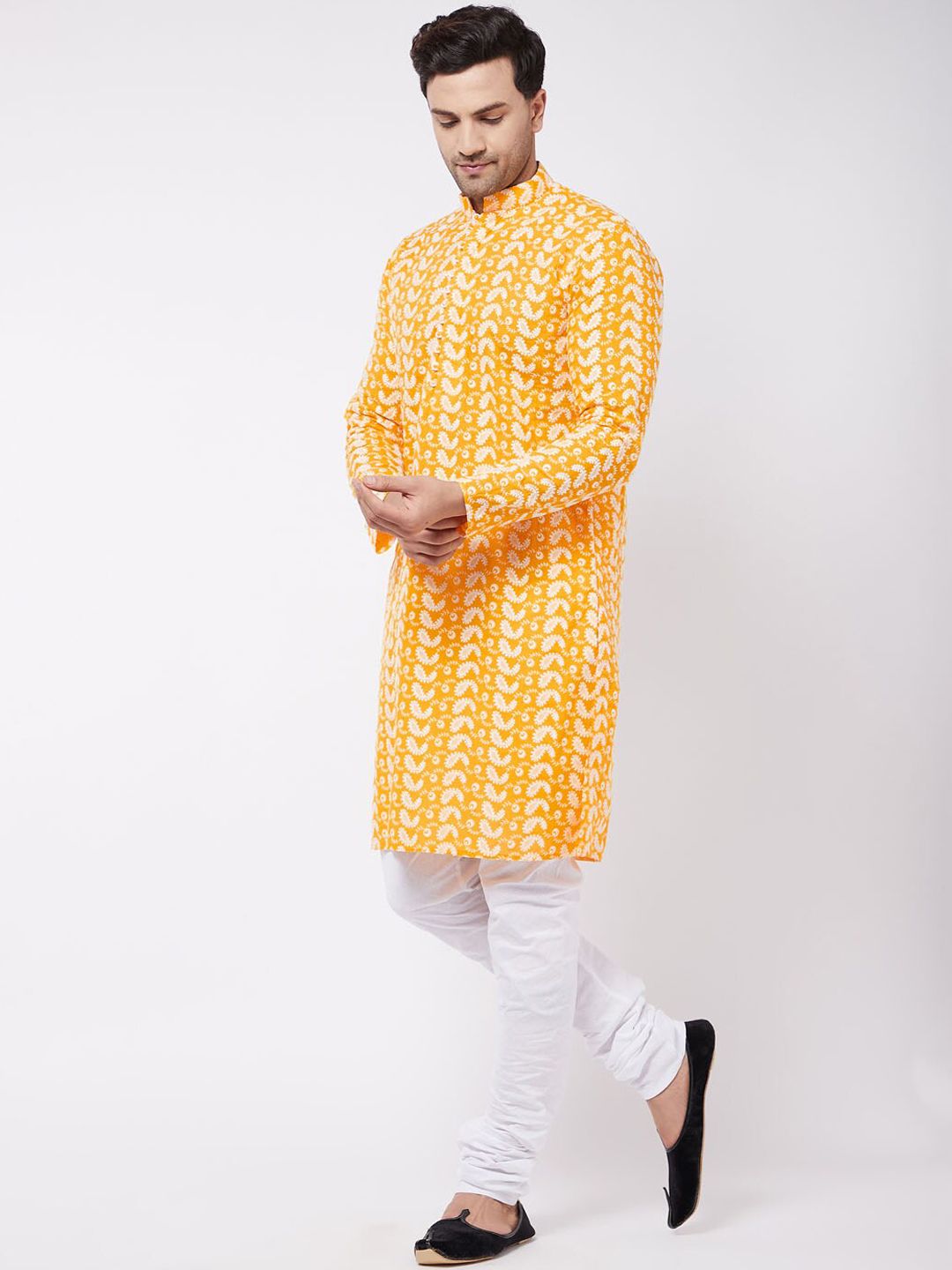 VASTRAMAY Men Orange And White Chikankari Kurta Pyjama Set