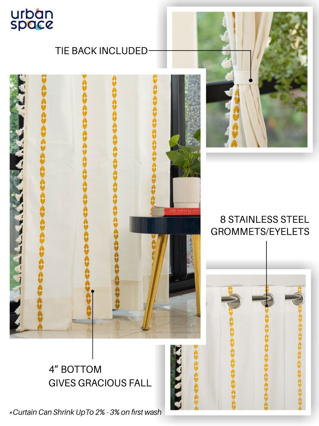URBAN SPACE Yellow & White Embroidered Long Door Curtain