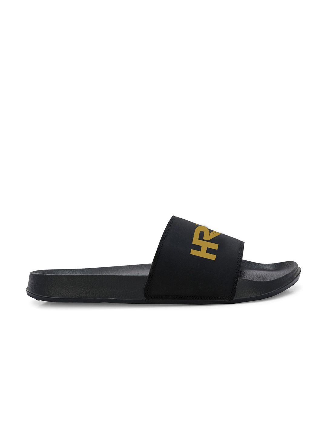 HRX by Hrithik Roshan Women Black & Gold-Toned Printed Sliders