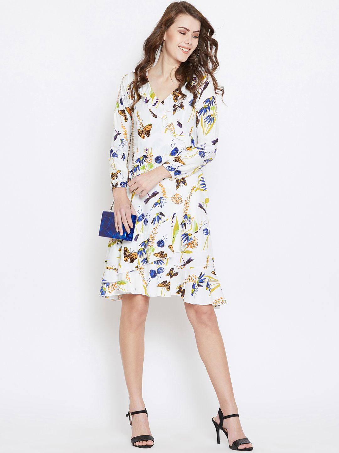 Berrylush Women White & Blue Butterfly Printed Wrap Dress