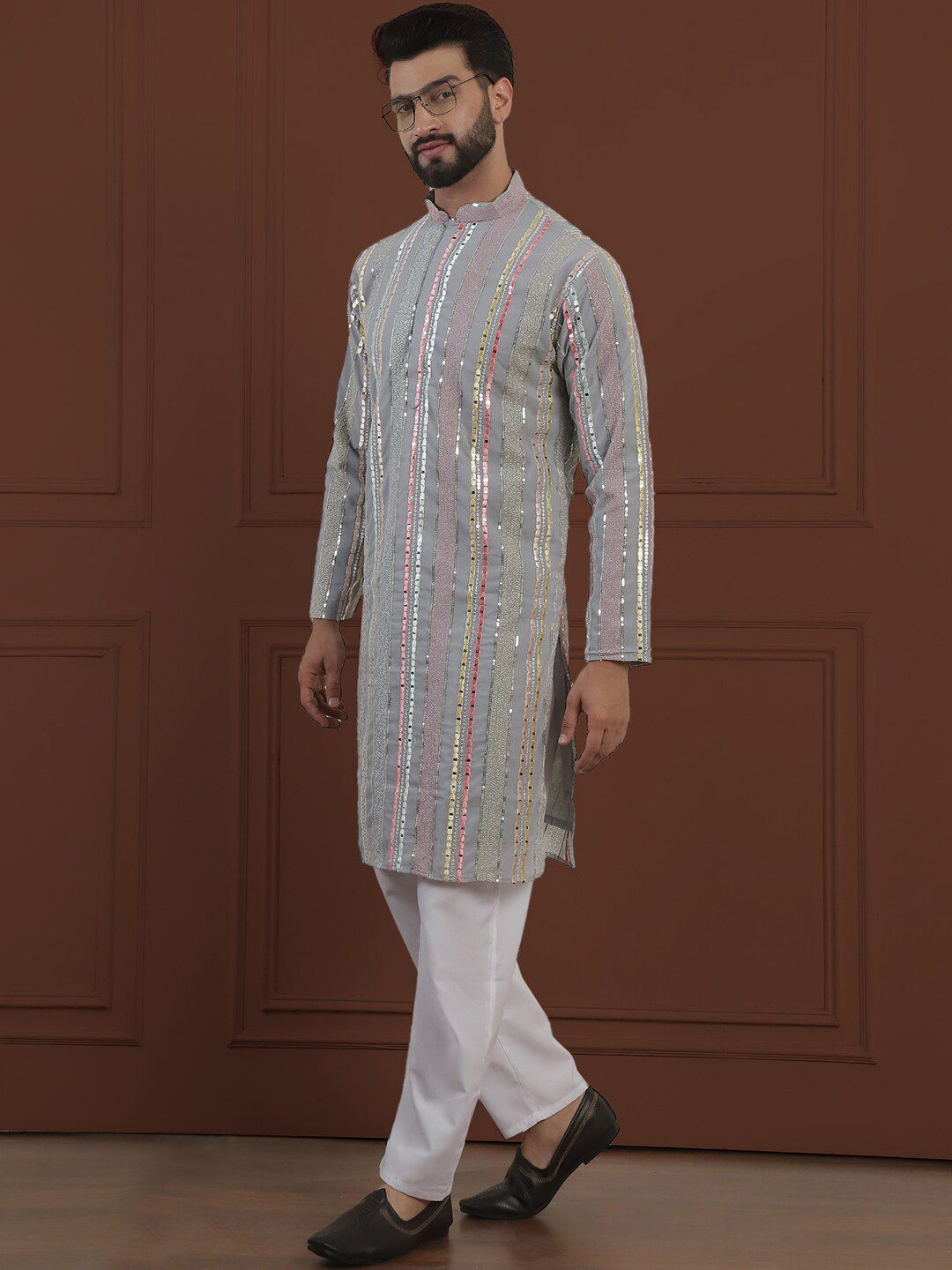 SOJANYA LUXE Striped Embroidered Mandarin Collar Straight Georgette Kurta & Pyjama