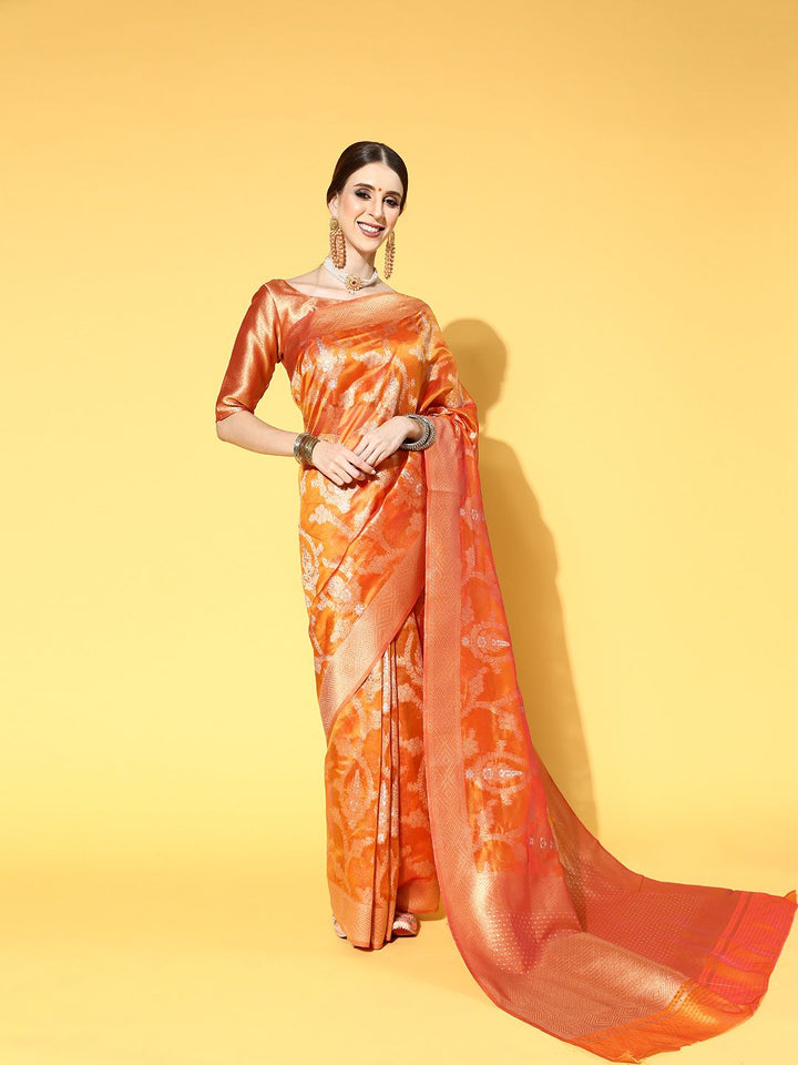 Saree mall Magenta Ethnic Motifs Zari Organza Banarasi Sarees