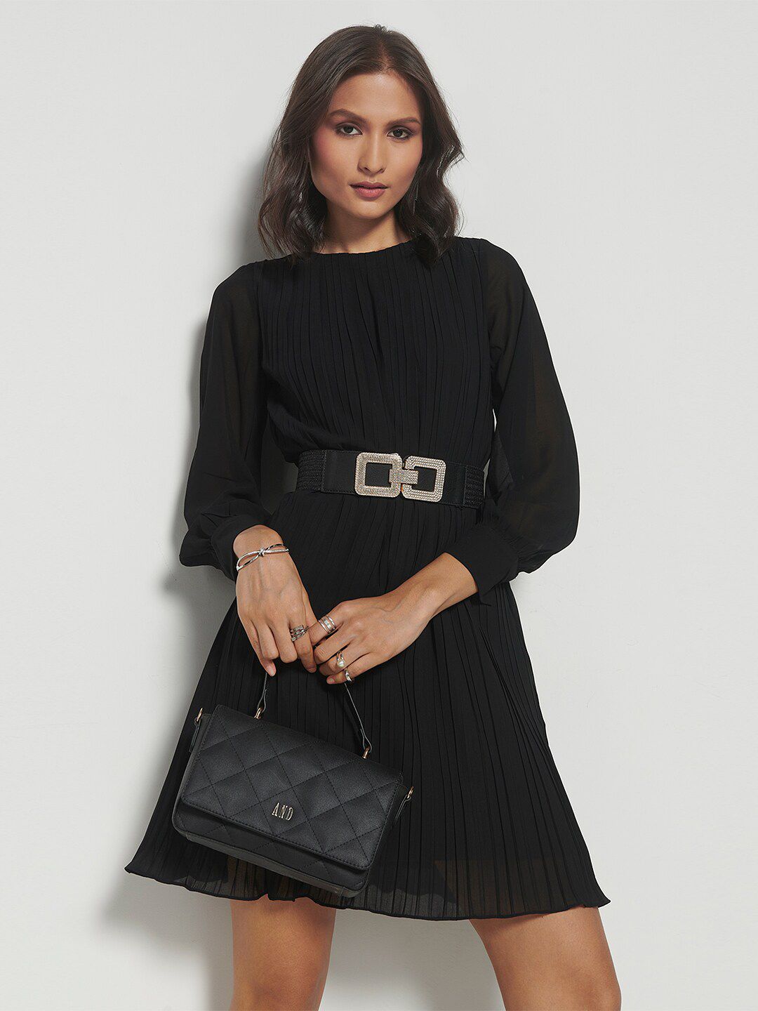 AND Cuffed Sleeves Accordion Pleated A-Line Dress
