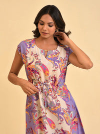 W Purple Ethnic Motifs Printed Tie Up Ruched A-Line Midi Dress