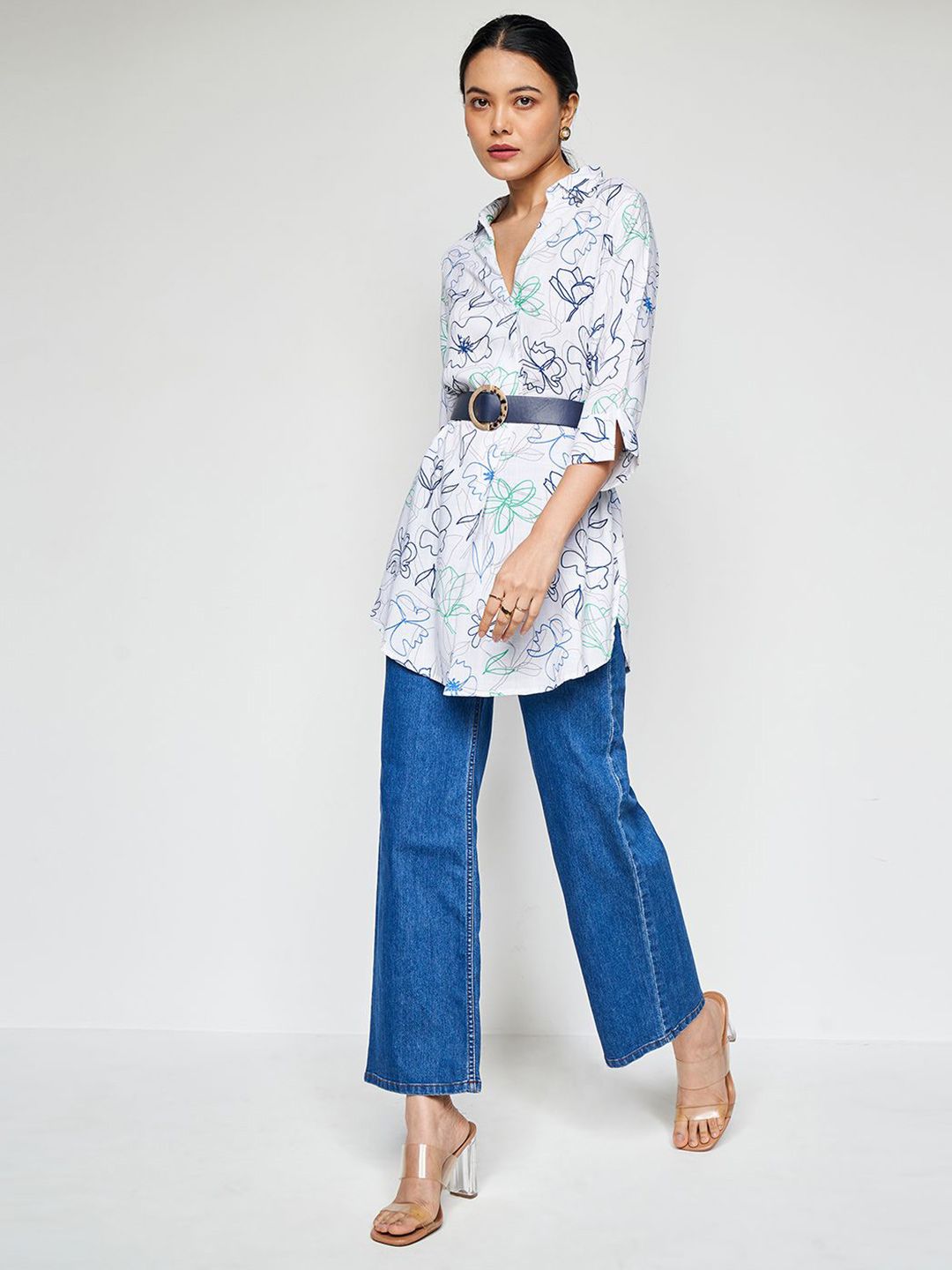 AND Print Mandarin Collar Roll-Up Sleeves Shirt Style Top