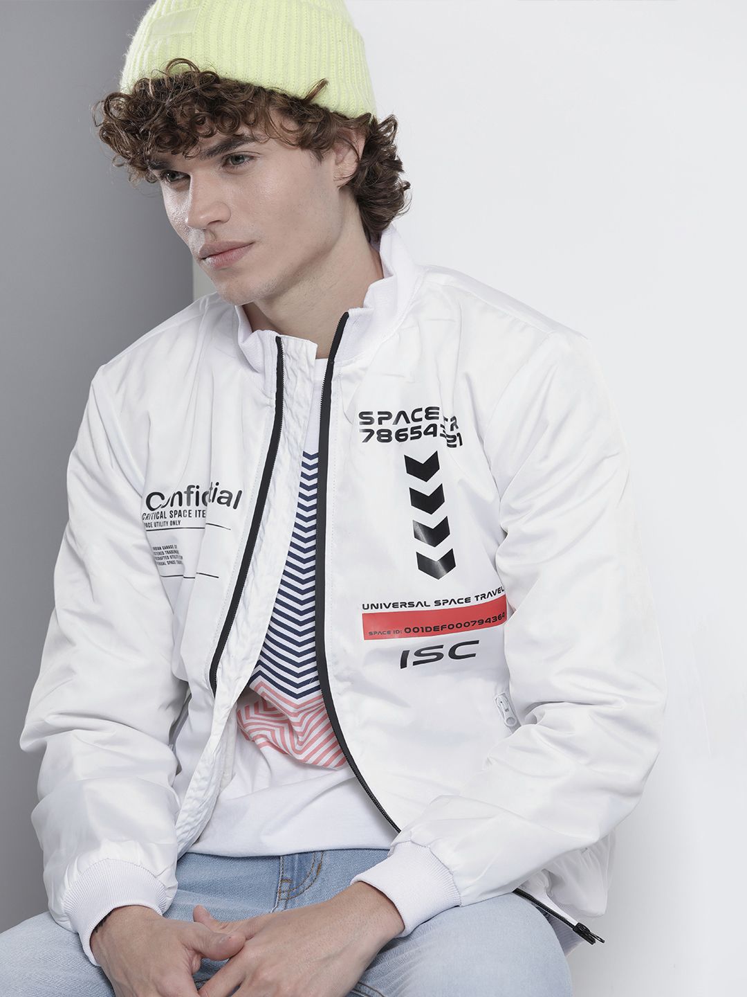 The Indian Garage Co Men Typographic Printed Slim Fit High-Neck Bomber Jacket