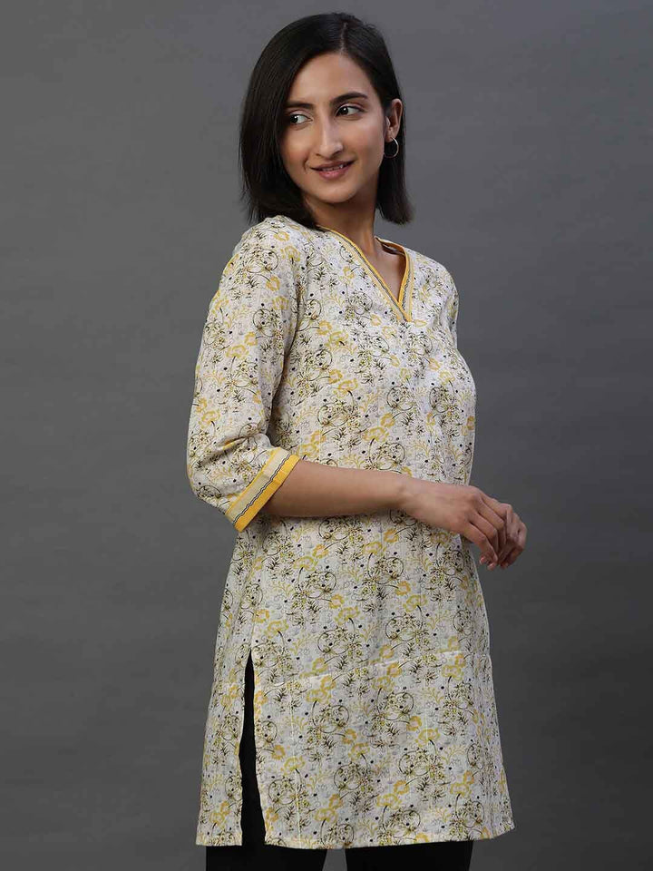 AURELIA Floral Printed V-Neck Pure Cotton Straight Kurti