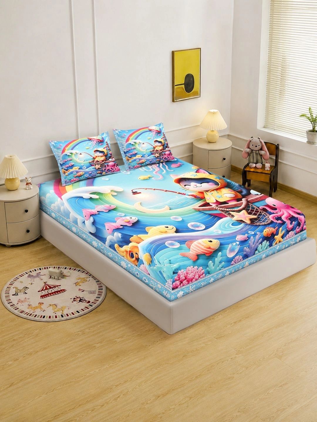 Moda Rapido X KLOTTHE Blue & White Cartoon Characters 400 TC Bedsheet with 2 Pillow Covers