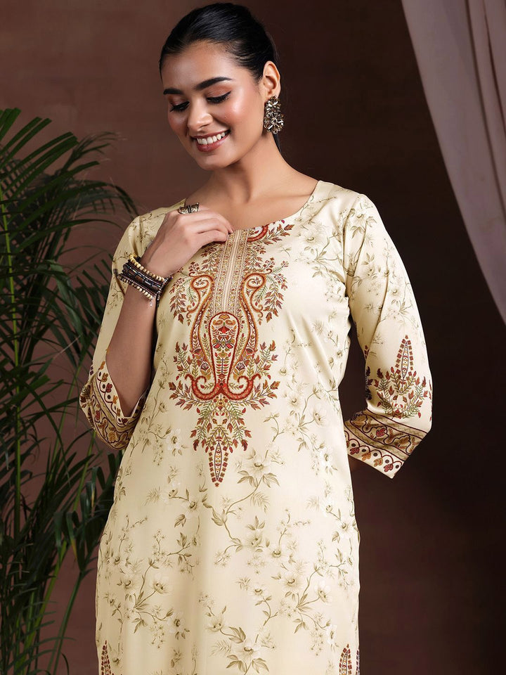 Libas Floral Printed Round Neck Straight Kurta With Trousers & Dupatta