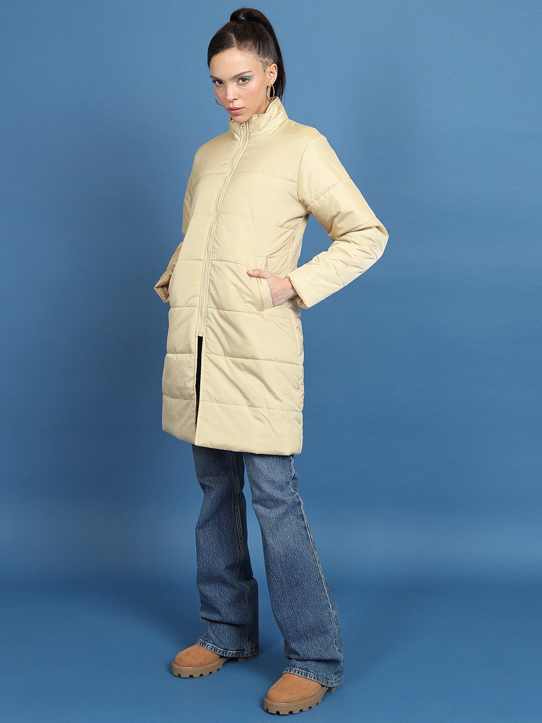 Tokyo Talkies Brown Mock Collar Longline Puffer Jacket