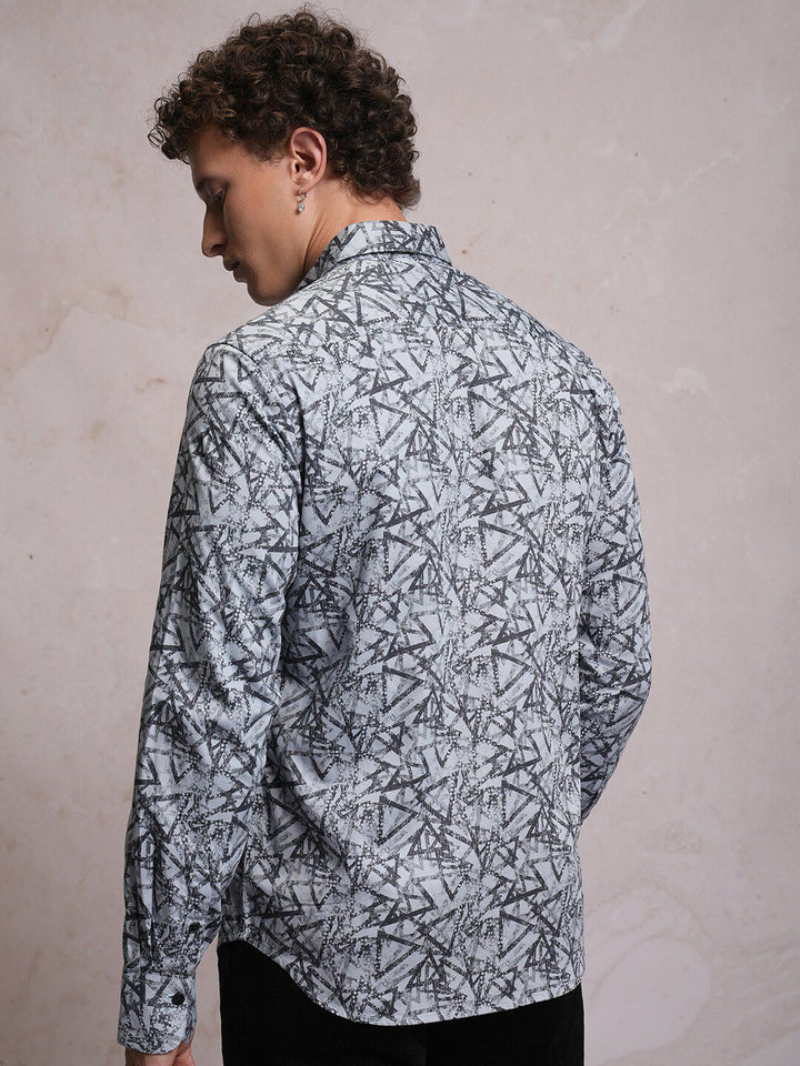 LOCOMOTIVE Luxe Slim Fit Geometric Printed Satin Party Shirt