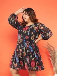 SASSAFRAS Curve Floral Printed Tiered Chiffon Dress