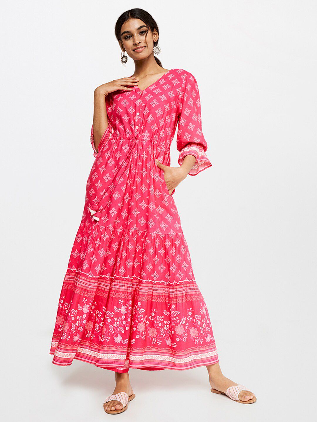 Global Desi Pink & White Printed Basic Jumpsuit