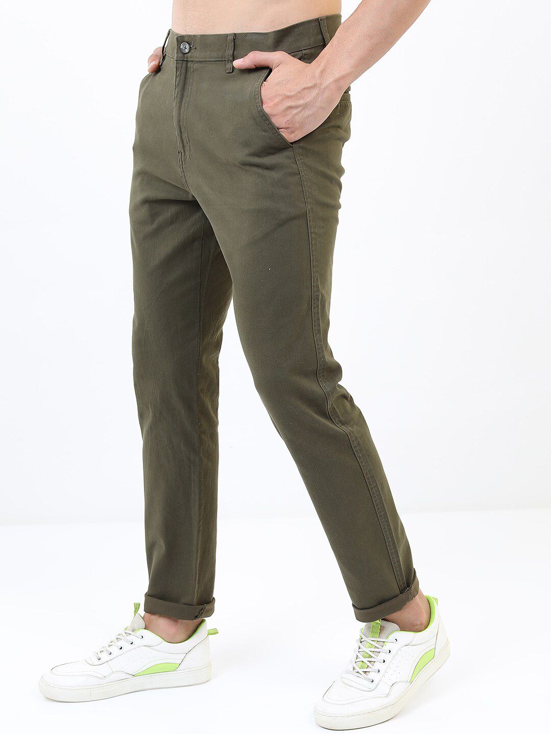 HIGHLANDER Men Olive Green Slim Fit Chinos Trousers