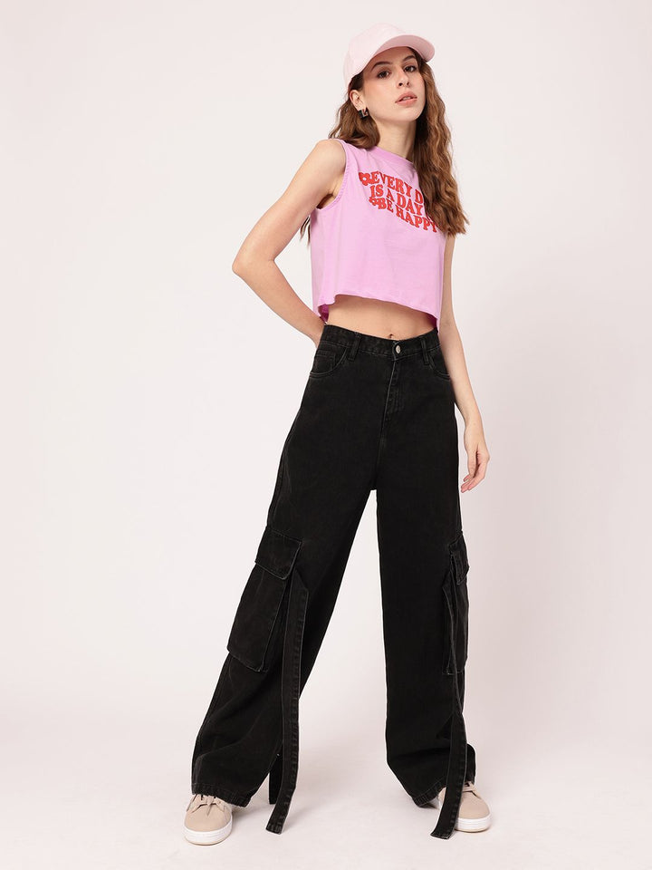 DressBerry Uplifting Feminine Typography Printed Sleeveless Crop T-Shirt
