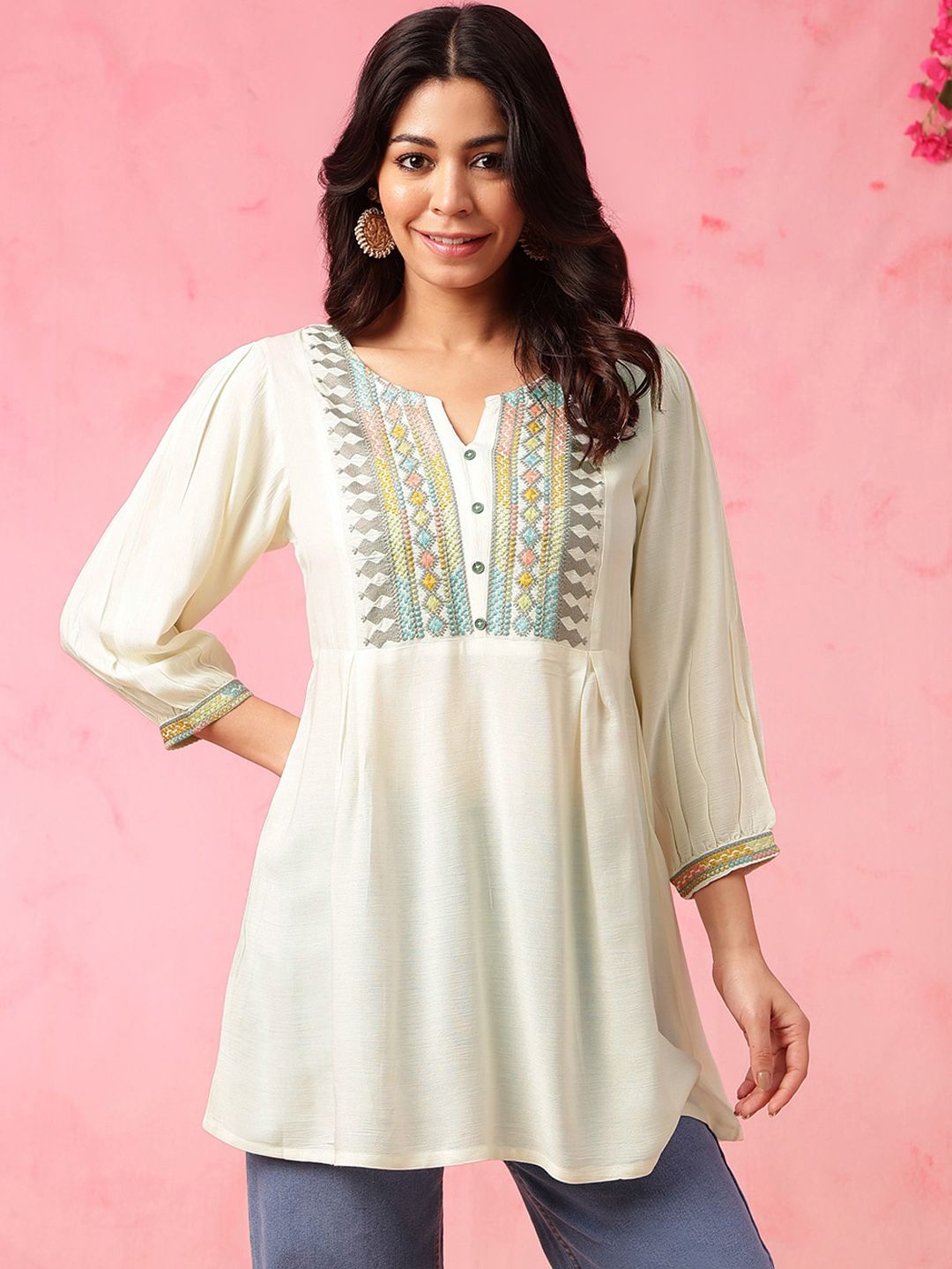 Anouk Off White Floral Embroidered Thread Work Pure Cotton A-Line Short Kurti