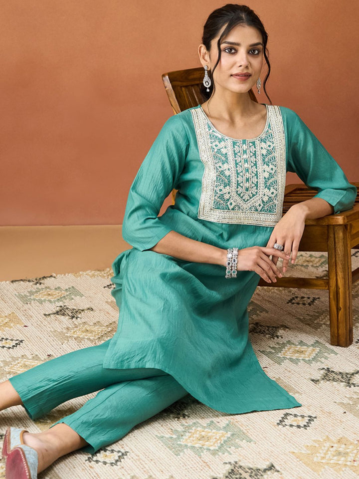 KALINI Sequinned Round Neck Thread Work Kurta With Trousers