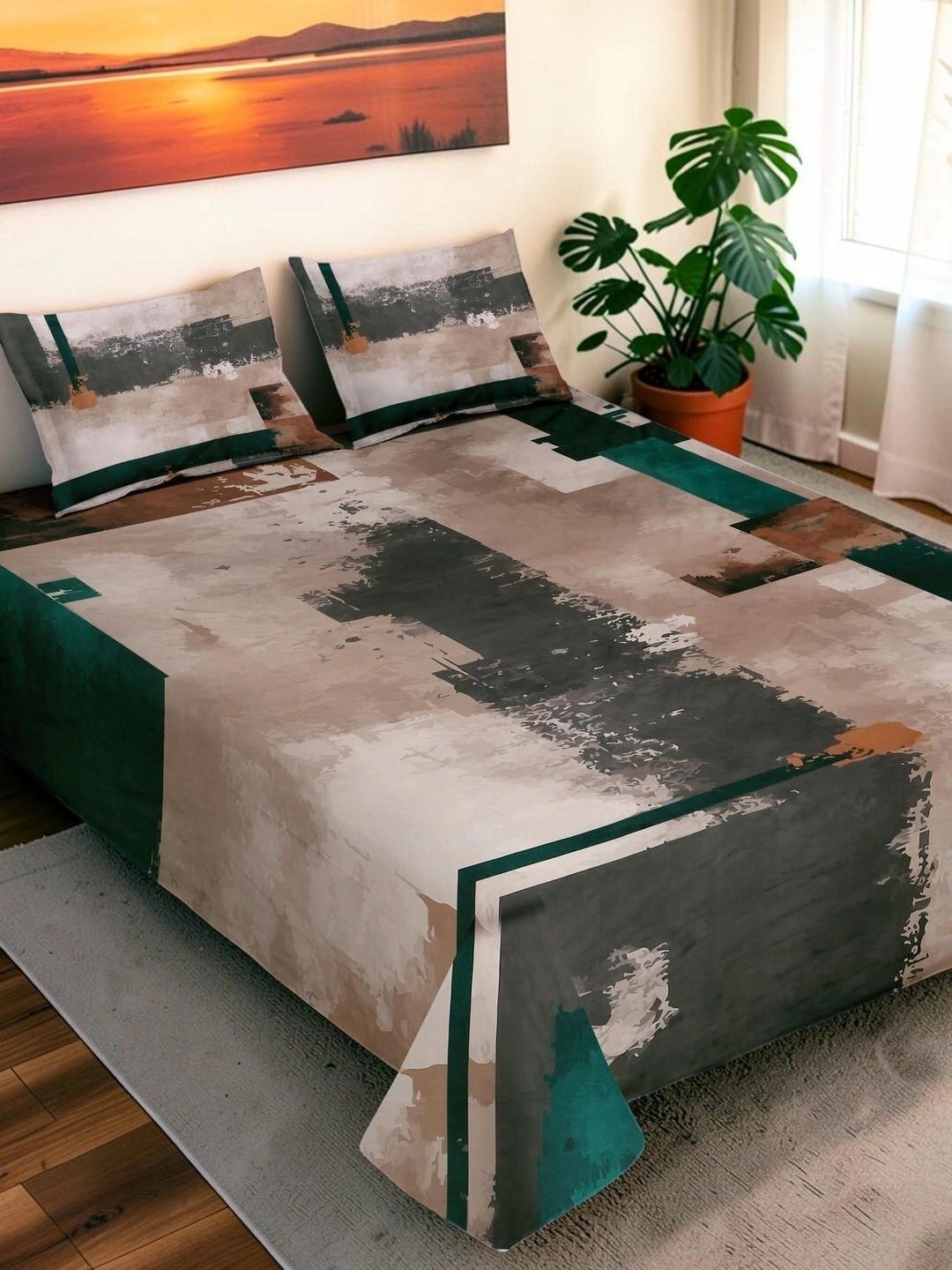 Moda Rapido X KLOTTHE Brown & Grey Geometric 400 TC King Bedsheet with 2 Pillow Covers