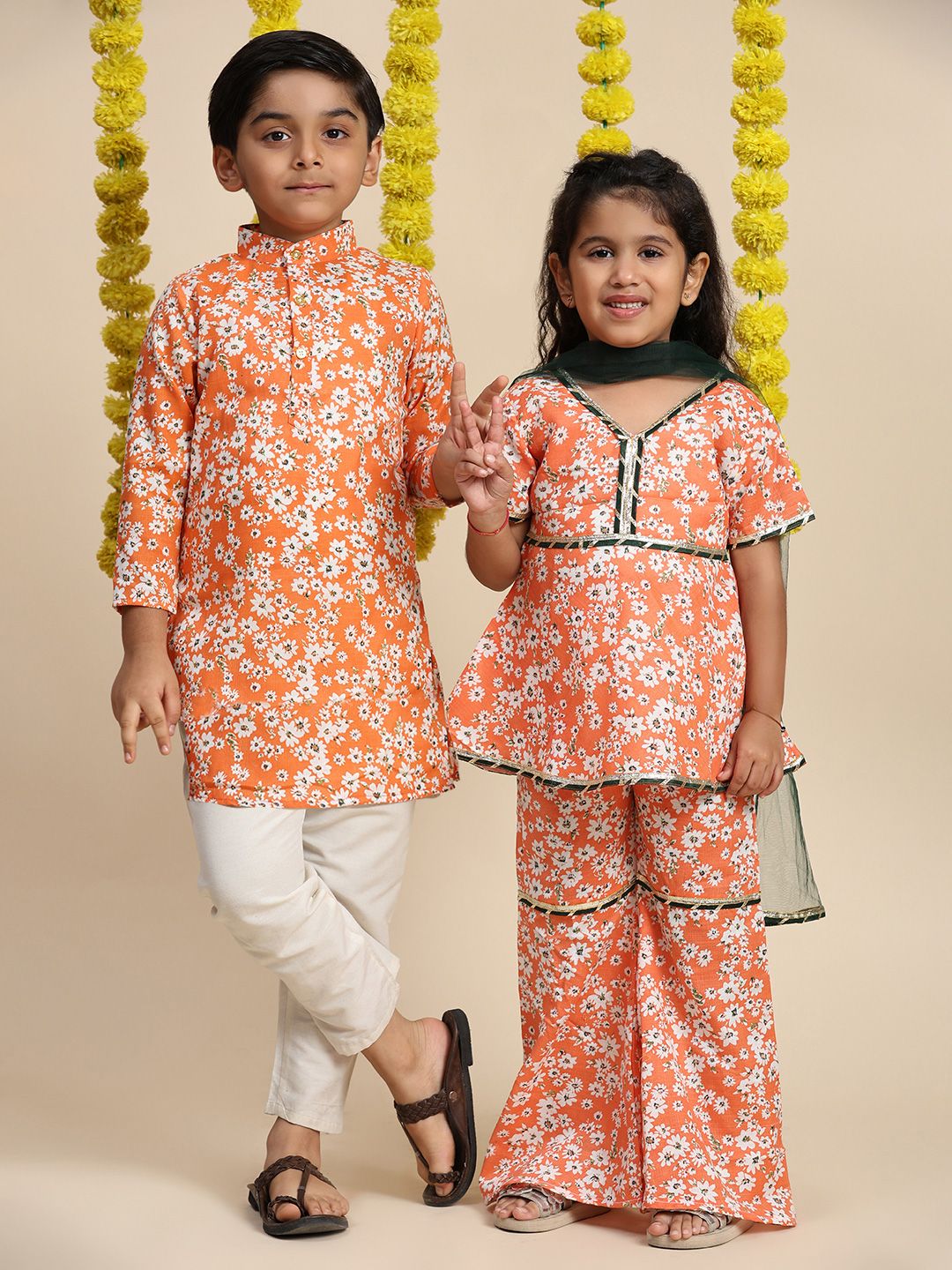 Cutiekins Girls Floral Printed Gotta Patti Kurti With Sharara & Dupatta
