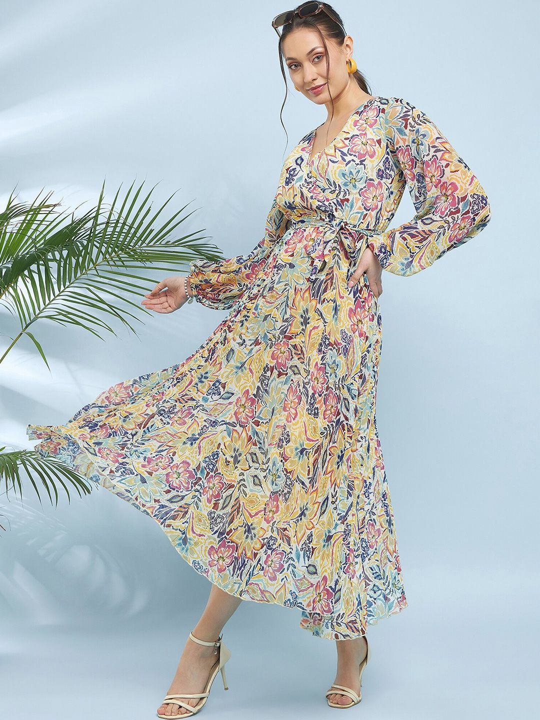 Antheaa Off White Floral Printed V-Neck Puff Sleeves Fit & Flare Midi Dress With Belt