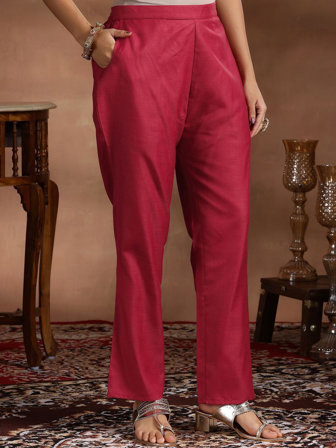 Libas Round Neck Pleated Straight Kurta with Trousers & Dupatta